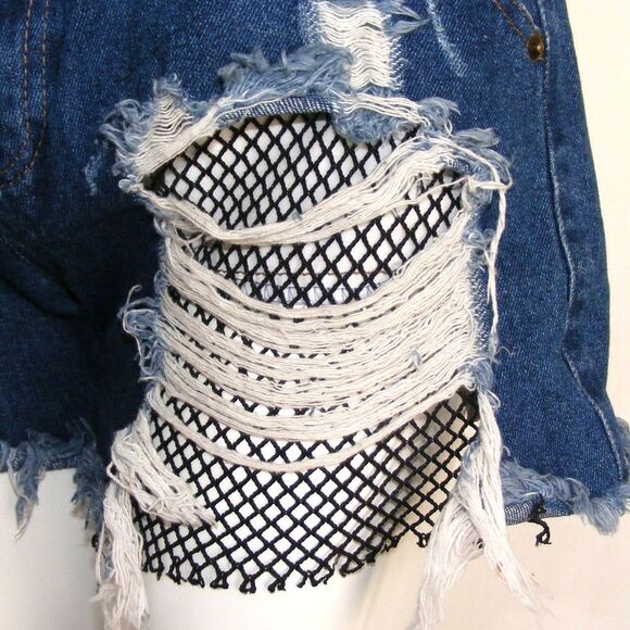 Nude Label Denim Shorts, L, Blue cut-offs, Fish net inserts, Distressed, Frayed - Picture 9 of 15